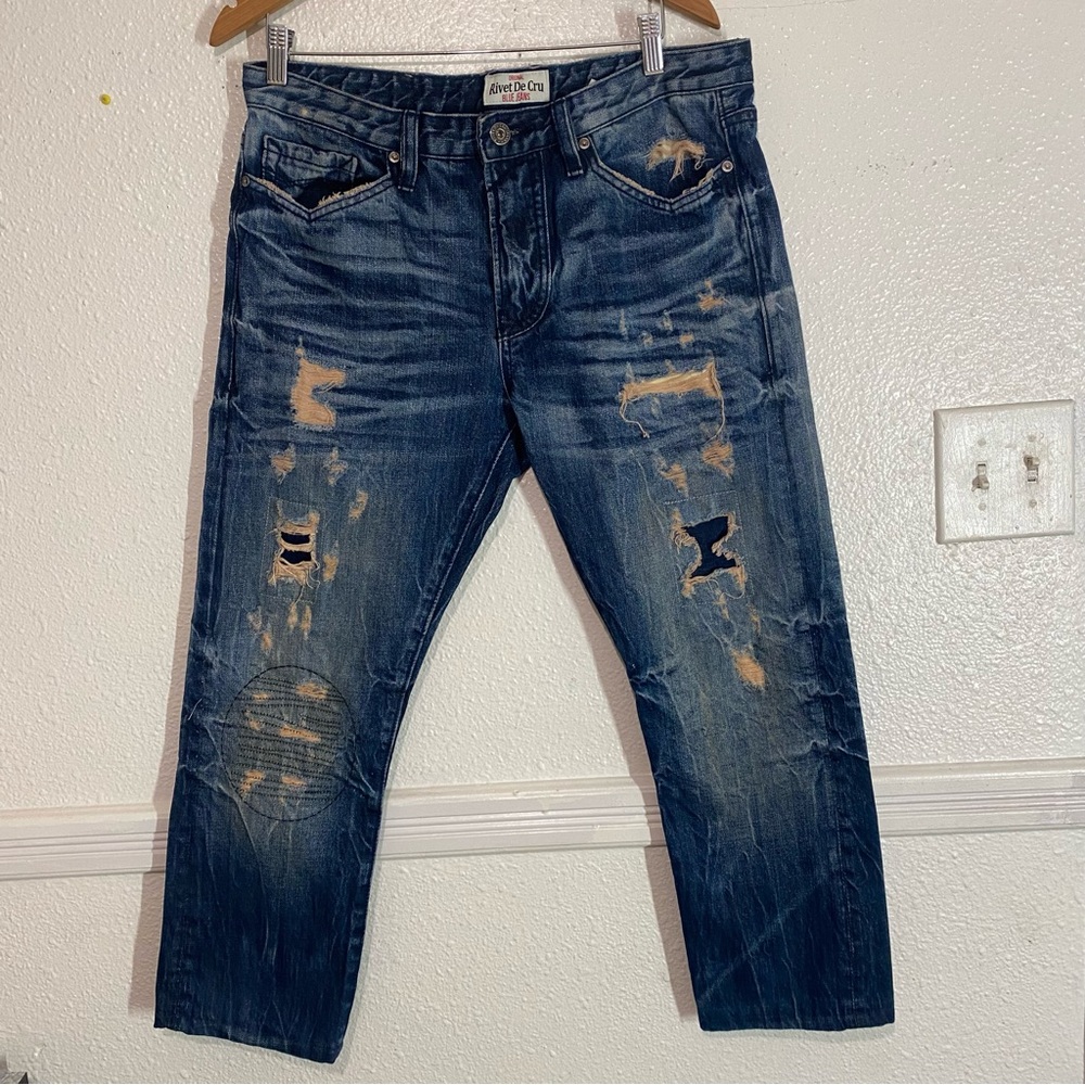 RIVET DE CRU MENS DARK BLUE PREMIUM JEANS SIZE W34 L32 INSEAM DISTRESSED